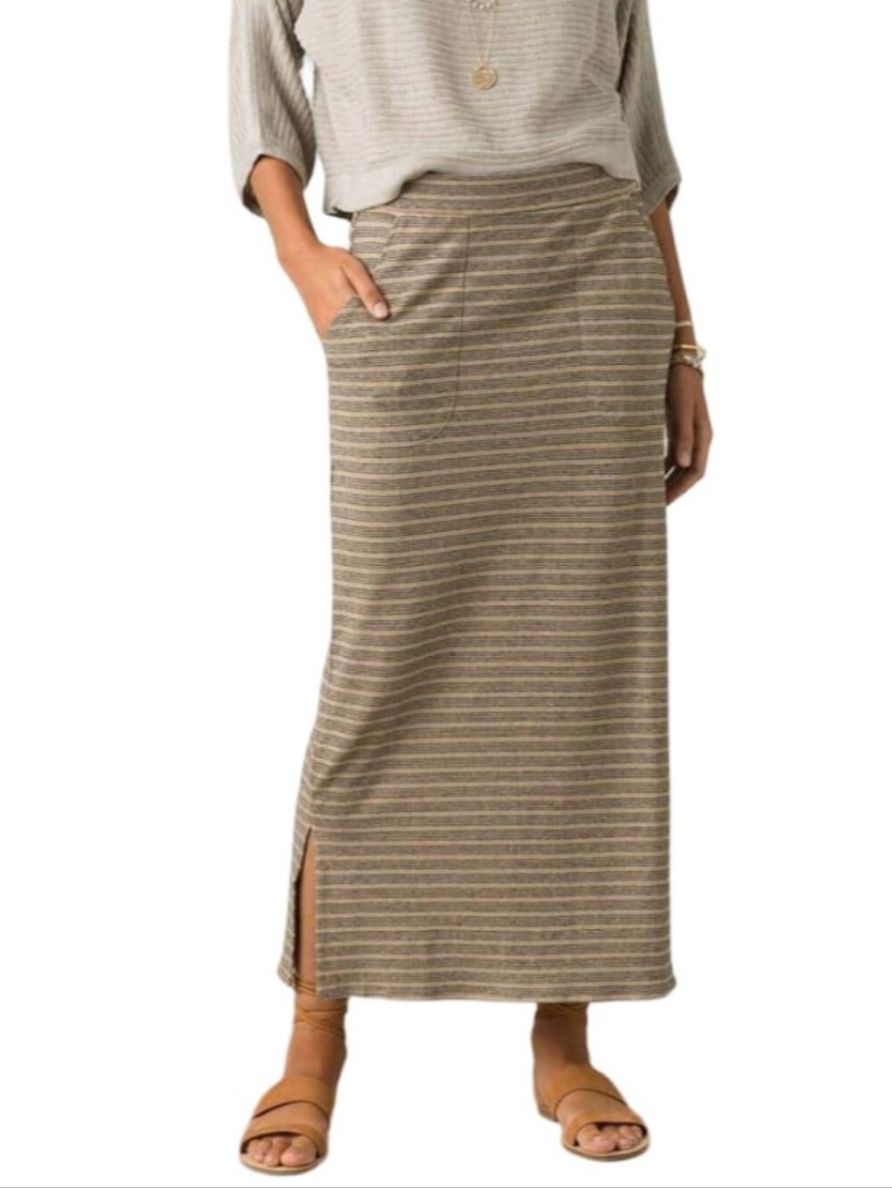 Prana Tulum Beige Black Striped Knit Maxi Skirt with Pockets Side Slits Large